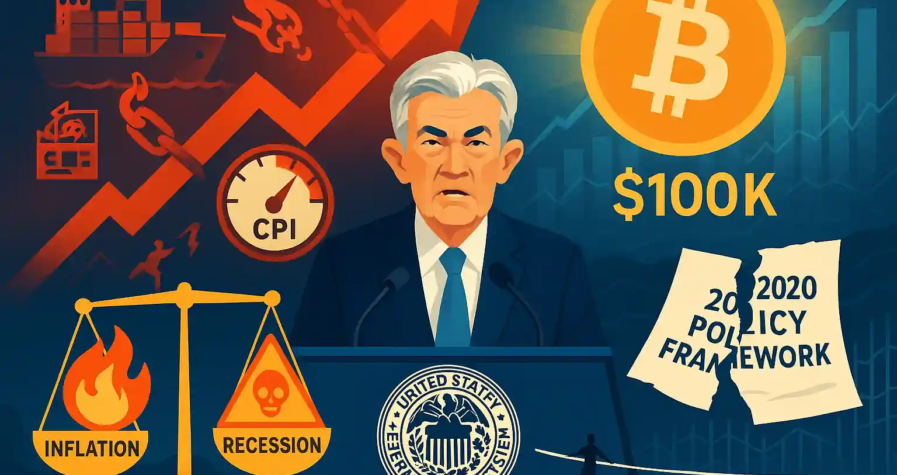Jerome Powell at Fed podium with inflation CPI rising, supply shocks, Bitcoin at $100K, torn 2020 framework, and tightrope balance between inflation and recession.