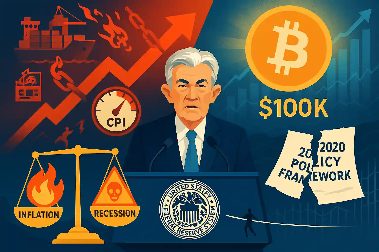 Jerome Powell at Fed podium with inflation CPI rising, supply shocks, Bitcoin at $100K, torn 2020 framework, and tightrope balance between inflation and recession.
