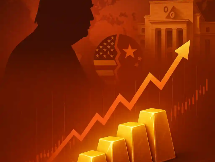 Rising gold bars with upward chart, Trump silhouette, US-China flags and Fed building, symbolizing gold’s safe-haven appeal amid trade tensions.