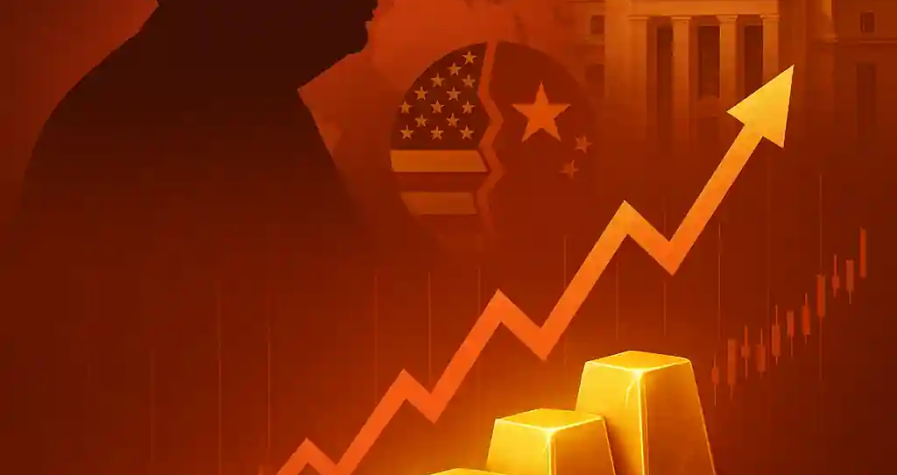 Rising gold bars with upward chart, Trump silhouette, US-China flags and Fed building, symbolizing gold’s safe-haven appeal amid trade tensions.