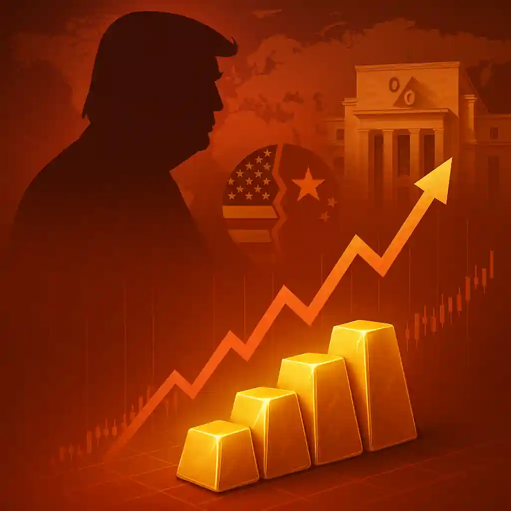Rising gold bars with upward chart, Trump silhouette, US-China flags and Fed building, symbolizing gold’s safe-haven appeal amid trade tensions.