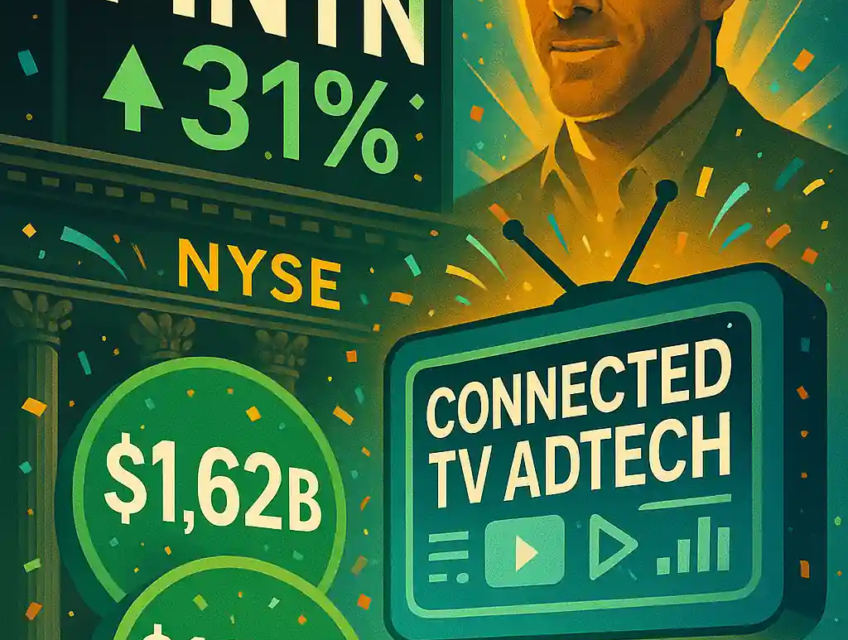 MNTN stock up 31% on NYSE, Ryan Reynolds with confetti and fireworks, $1.62B valuation and $187M raised, connected TV adtech billboard.