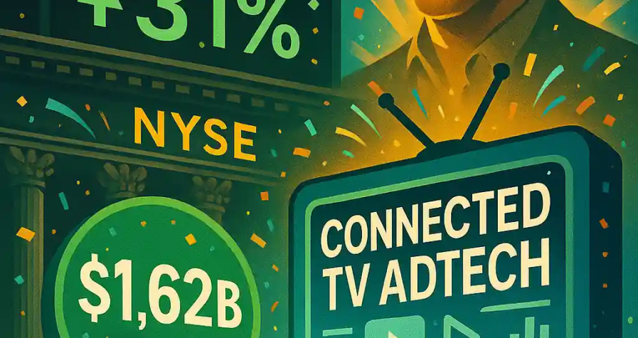 MNTN stock up 31% on NYSE, Ryan Reynolds with confetti and fireworks, $1.62B valuation and $187M raised, connected TV adtech billboard.