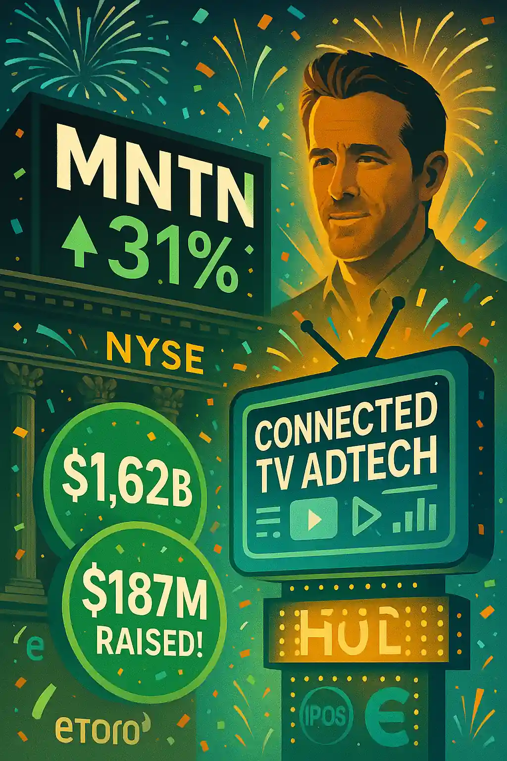 MNTN stock up 31% on NYSE, Ryan Reynolds with confetti and fireworks, $1.62B valuation and $187M raised, connected TV adtech billboard.