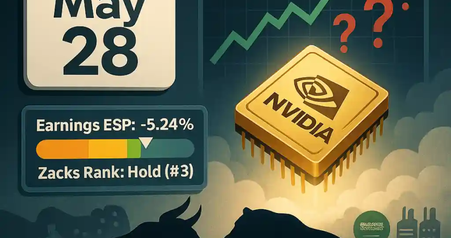 Nvidia chip glowing under May 28 calendar, with bull and bear facing off, mixed stock chart, Zacks EPS -5.24%, and Hold rank.