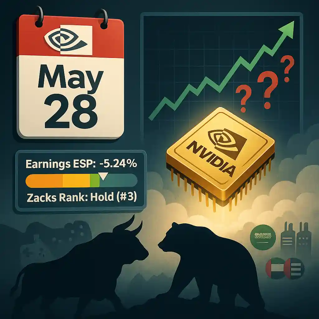 Nvidia chip glowing under May 28 calendar, with bull and bear facing off, mixed stock chart, Zacks EPS -5.24%, and Hold rank.