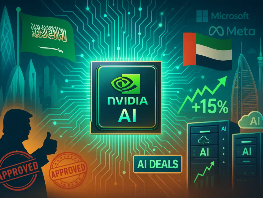 Nvidia AI chip glowing with Saudi and UAE flags, +15% stock rise chart, Trump silhouette with approval stamps, Microsoft and Meta logos in background.