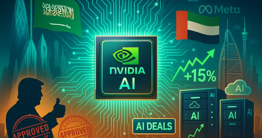 Nvidia AI chip glowing with Saudi and UAE flags, +15% stock rise chart, Trump silhouette with approval stamps, Microsoft and Meta logos in background.