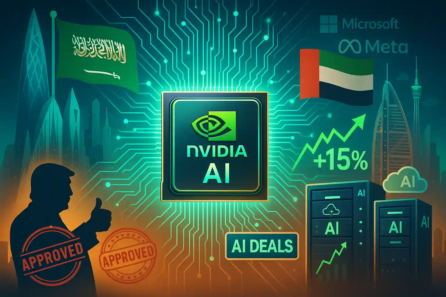Nvidia AI chip glowing with Saudi and UAE flags, +15% stock rise chart, Trump silhouette with approval stamps, Microsoft and Meta logos in background.