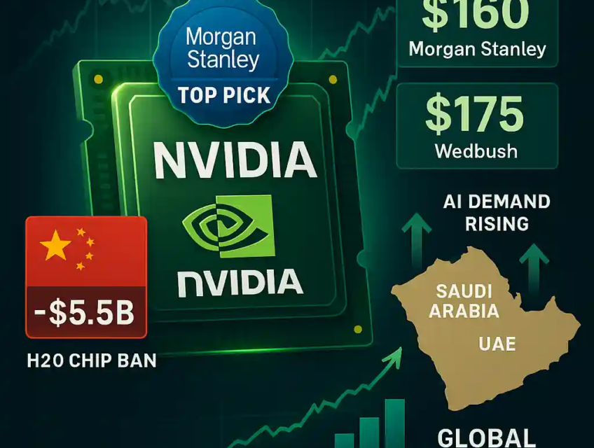 Nvidia chip with “Top Pick” badge, $160 and $175 price targets, $5.5B China H20 chip ban loss, and Saudi-UAE AI demand on a rising global AI chart.