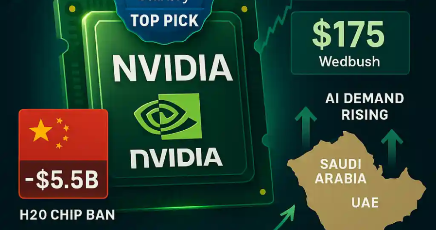 Nvidia chip with “Top Pick” badge, $160 and $175 price targets, $5.5B China H20 chip ban loss, and Saudi-UAE AI demand on a rising global AI chart.