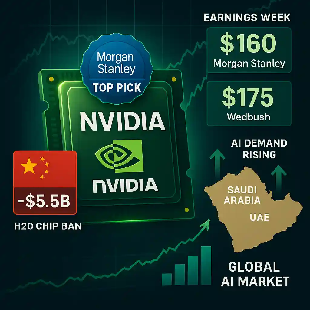 Nvidia chip with “Top Pick” badge, $160 and $175 price targets, $5.5B China H20 chip ban loss, and Saudi-UAE AI demand on a rising global AI chart.