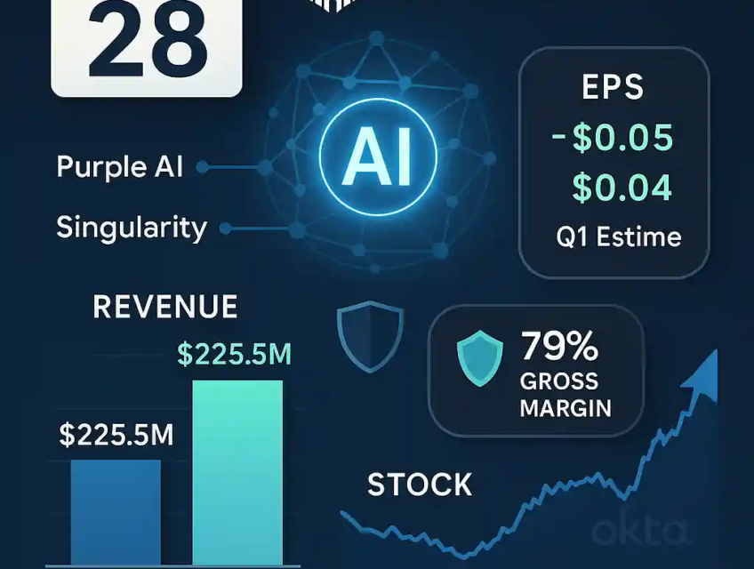 SentinelOne infographic showing May 28 earnings date, AI tools (Purple AI, Singularity), $225.5M revenue estimate, EPS turnaround, and 79% gross margin.