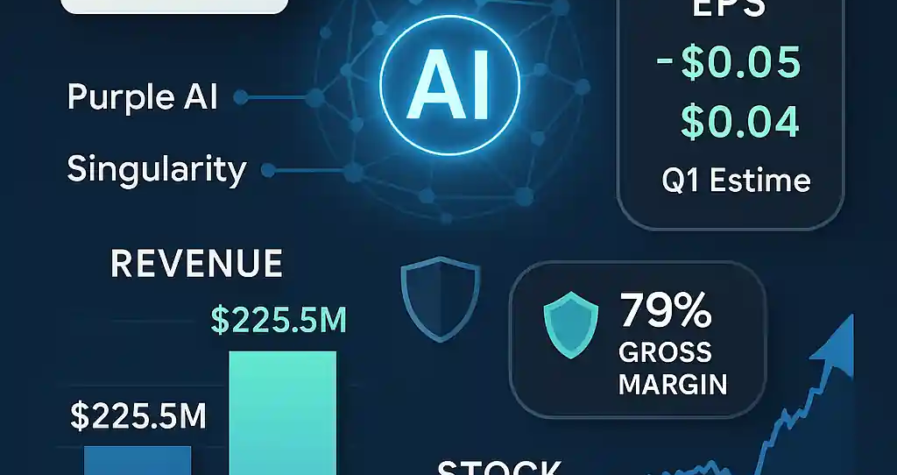SentinelOne infographic showing May 28 earnings date, AI tools (Purple AI, Singularity), $225.5M revenue estimate, EPS turnaround, and 79% gross margin.