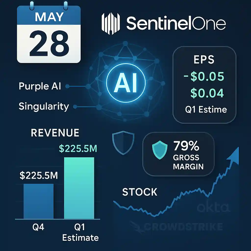 SentinelOne infographic showing May 28 earnings date, AI tools (Purple AI, Singularity), $225.5M revenue estimate, EPS turnaround, and 79% gross margin.