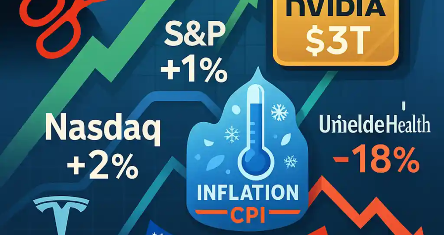 Stock market rally with rising S&P and Nasdaq, Nvidia at $3T, Tesla and Meta gains, inflation thermometer, Trump scissors cutting tariffs, U.S.-China flags.