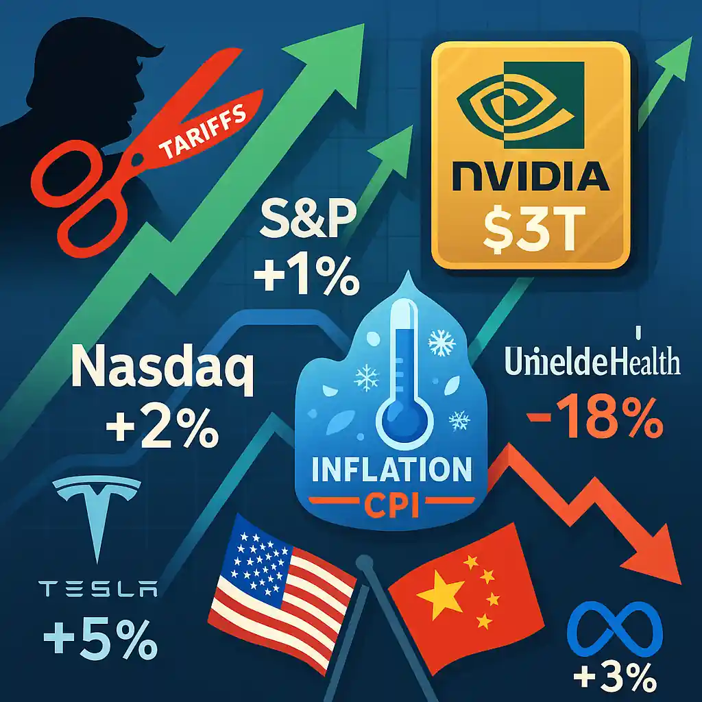 Stock market rally with rising S&P and Nasdaq, Nvidia at $3T, Tesla and Meta gains, inflation thermometer, Trump scissors cutting tariffs, U.S.-China flags.