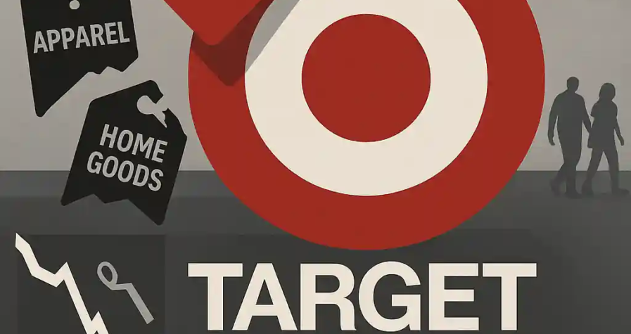 Target logo under red -5.2% arrow with earnings miss, falling sales chart, broken apparel and home goods tags, tariff crate, and dividend coins.