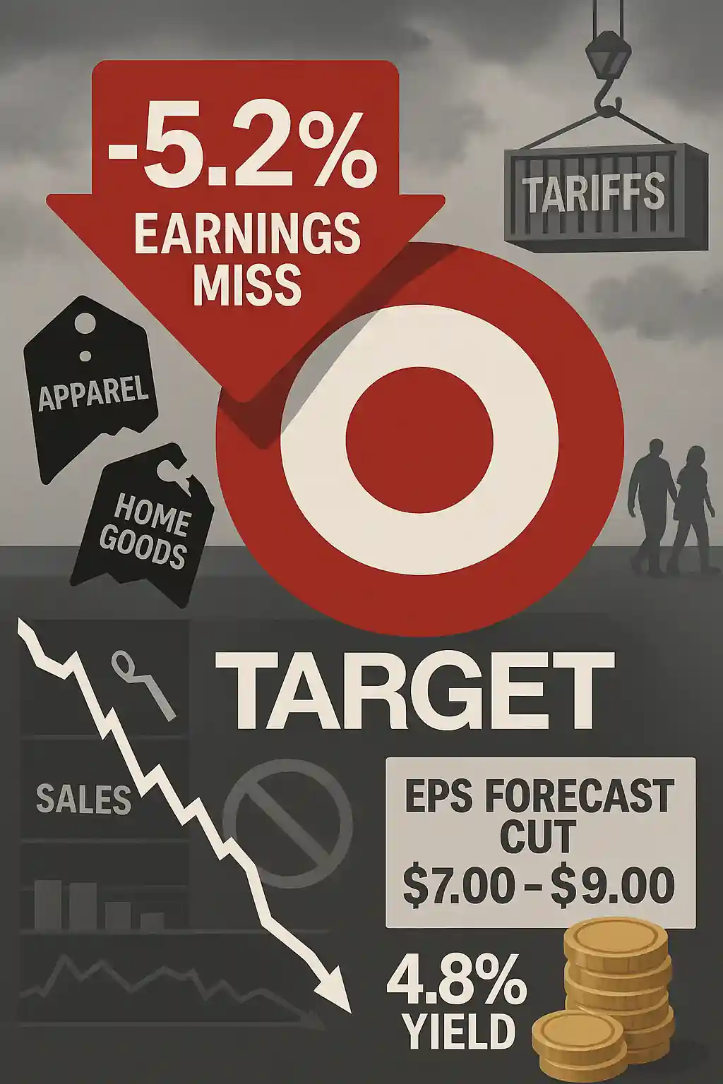 Target logo under red -5.2% arrow with earnings miss, falling sales chart, broken apparel and home goods tags, tariff crate, and dividend coins.