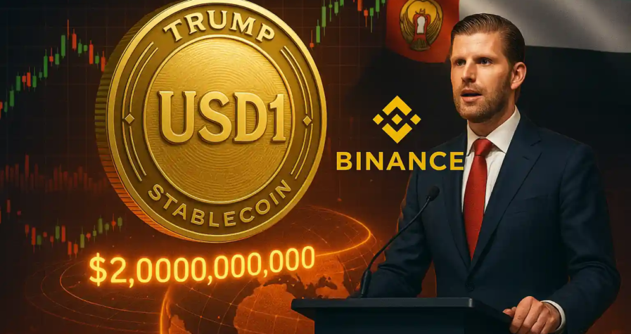 Eric Trump speaks at a crypto event with a large golden USD1 stablecoin, Binance logo, and $2 billion transaction graphics.