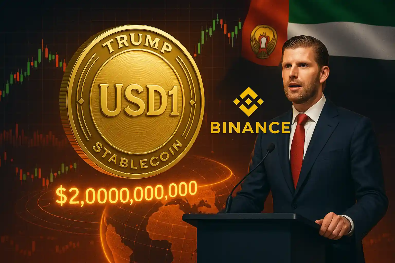 Eric Trump speaks at a crypto event with a large golden USD1 stablecoin, Binance logo, and $2 billion transaction graphics.