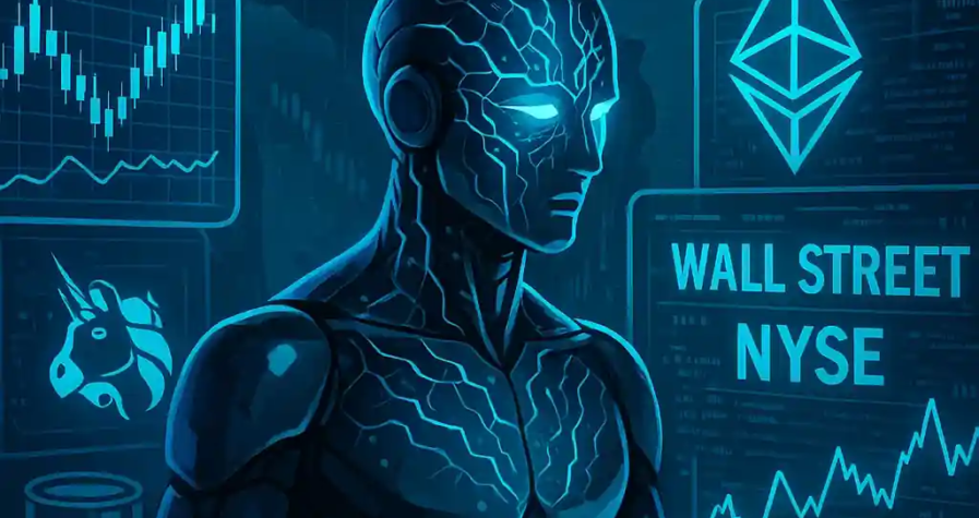 Trump Media building with glowing Bitcoin symbol and digital assets, highlighting its planned $3 billion crypto investment.