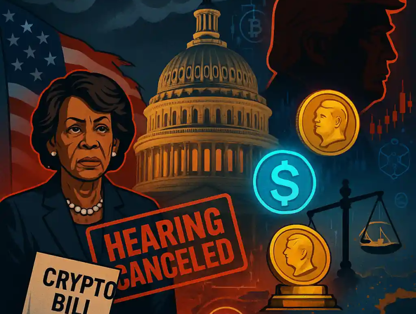 Rep. Maxine Waters stands before the U.S. Capitol with a “Crypto Bill” as a Trump silhouette and crypto symbols loom behind her.