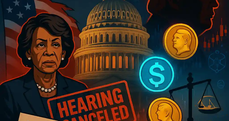 Rep. Maxine Waters stands before the U.S. Capitol with a “Crypto Bill” as a Trump silhouette and crypto symbols loom behind her.