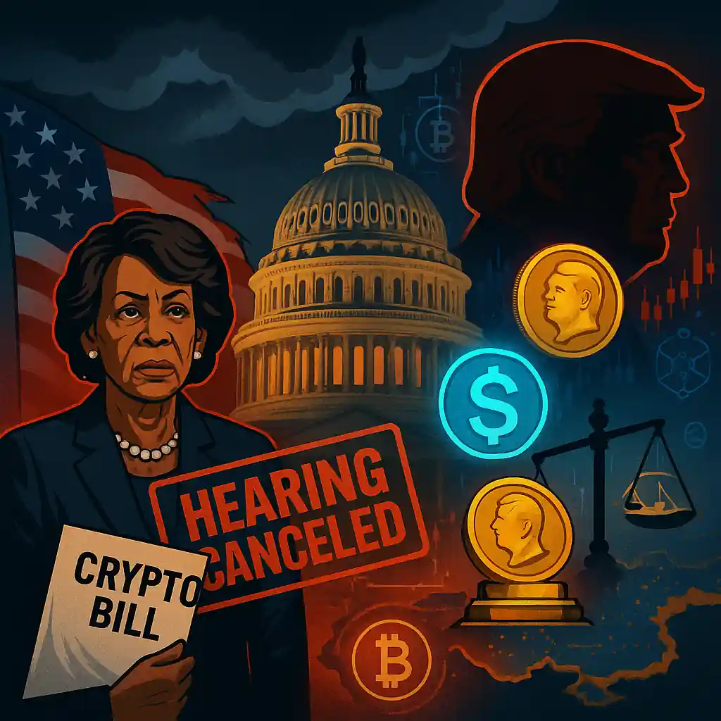 Rep. Maxine Waters stands before the U.S. Capitol with a “Crypto Bill” as a Trump silhouette and crypto symbols loom behind her.