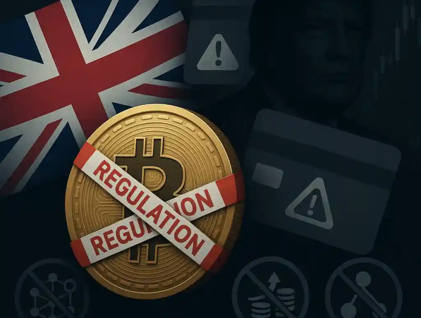 Bitcoin wrapped in regulation tape, UK flag behind, credit card warning icons and Trump silhouette, illustrating UK crypto crackdown.