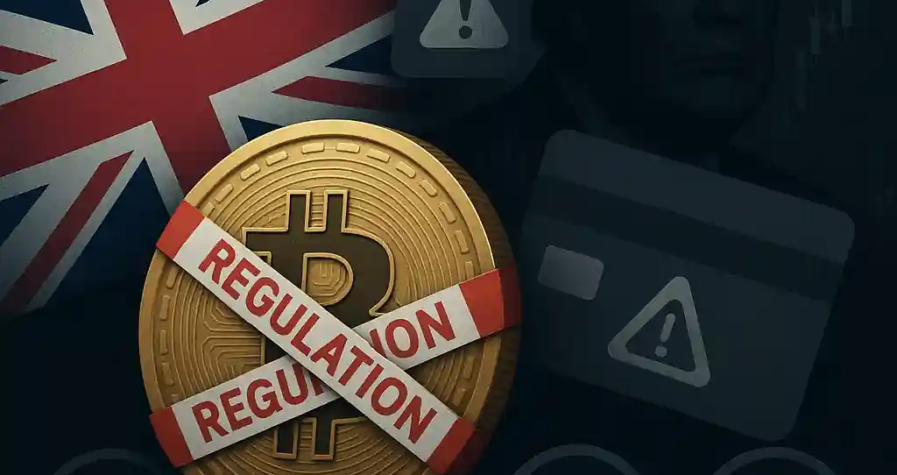 Bitcoin wrapped in regulation tape, UK flag behind, credit card warning icons and Trump silhouette, illustrating UK crypto crackdown.