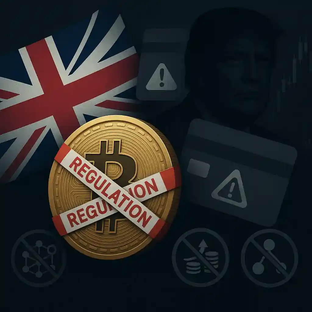 Bitcoin wrapped in regulation tape, UK flag behind, credit card warning icons and Trump silhouette, illustrating UK crypto crackdown.