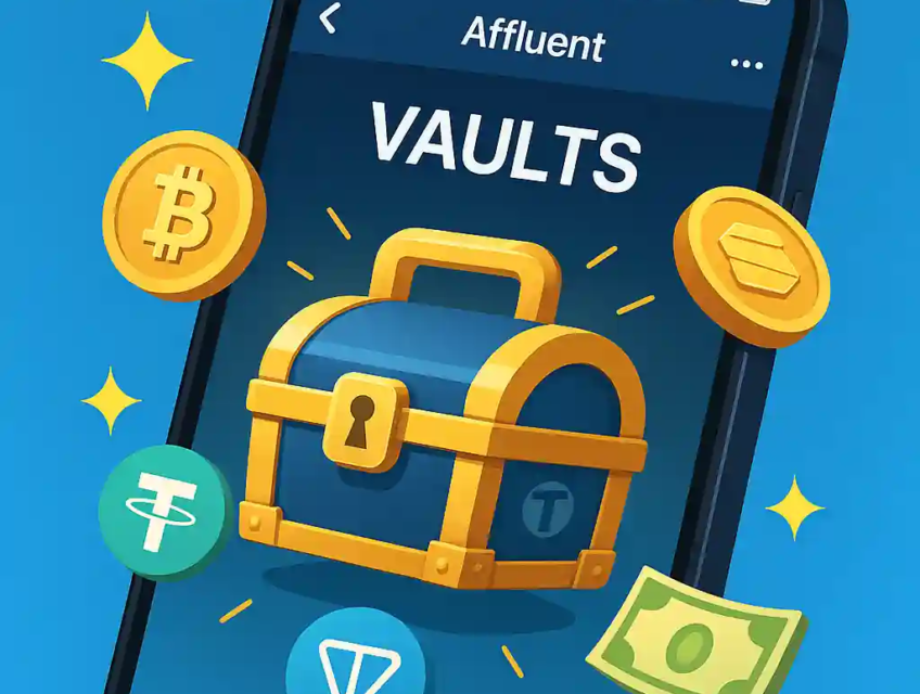 Illustration d’un smartphone affichant l’application Affluent sur Telegram, avec un coffre crypto et des logos de jetons.