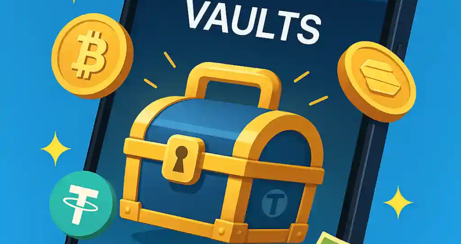 Illustration d’un smartphone affichant l’application Affluent sur Telegram, avec un coffre crypto et des logos de jetons.