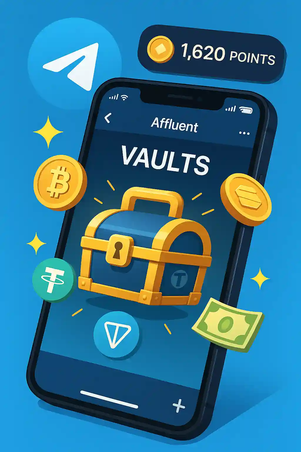 Illustration d’un smartphone affichant l’application Affluent sur Telegram, avec un coffre crypto et des logos de jetons.
