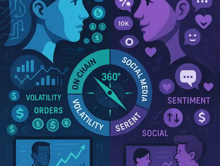 Infographie opposant deux profils : investisseur institutionnel basé sur les données blockchain et trader particulier influencé par les réseaux sociaux, autour d’une boussole crypto 360°.
