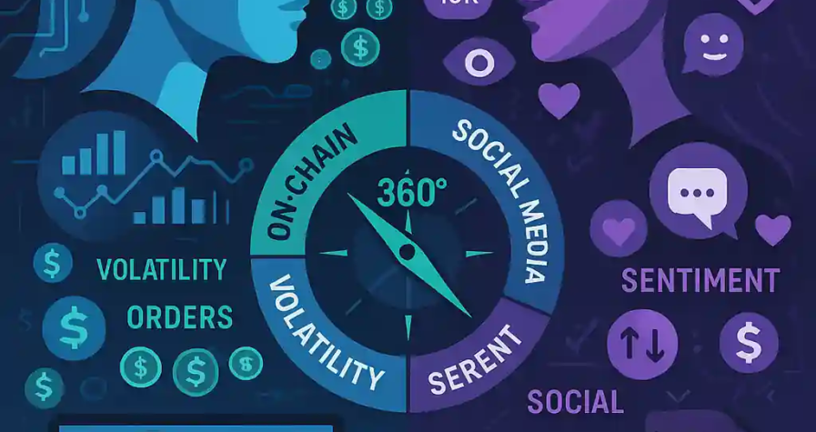 Infographie opposant deux profils : investisseur institutionnel basé sur les données blockchain et trader particulier influencé par les réseaux sociaux, autour d’une boussole crypto 360°.
