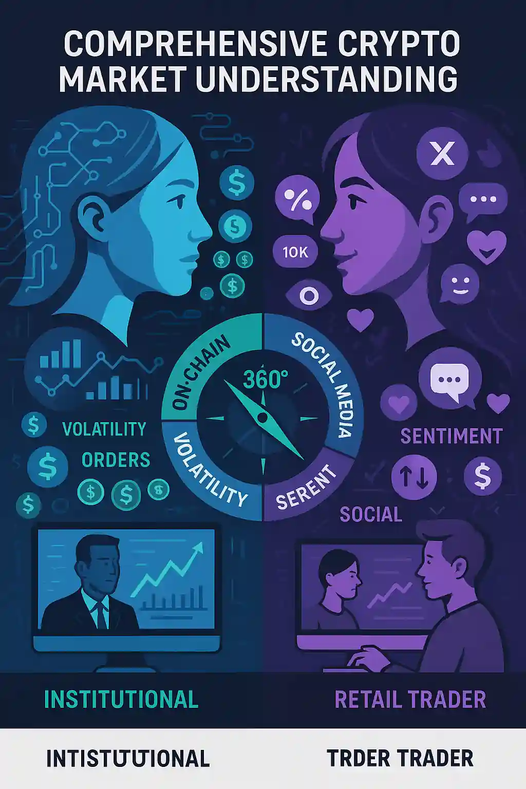 Infographie opposant deux profils : investisseur institutionnel basé sur les données blockchain et trader particulier influencé par les réseaux sociaux, autour d’une boussole crypto 360°.