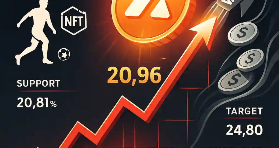 Illustration d’un jeton AVAX montant sur un graphique haussier, avec les niveaux clés 20,81 $, 21,00 $, 24,80 $ et les logos de FIFA, NFT et VanEck.