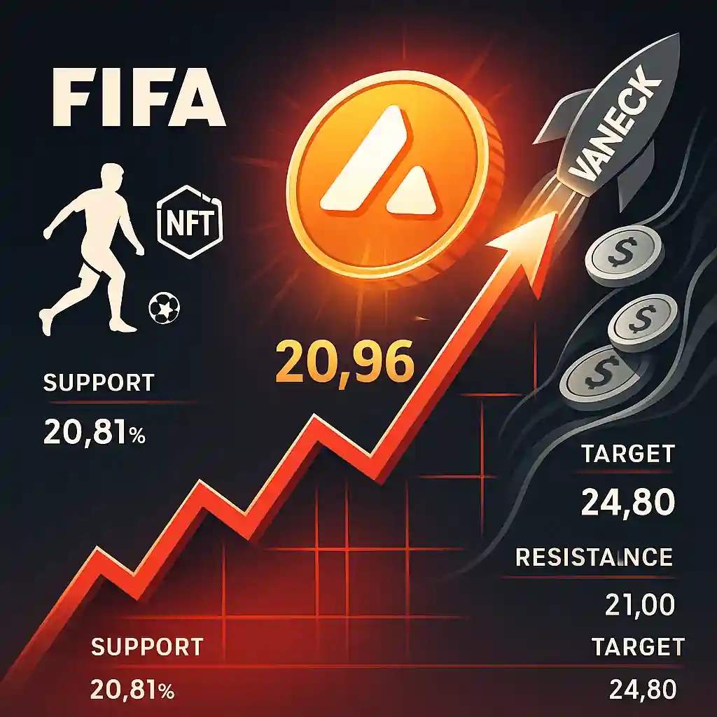 Illustration d’un jeton AVAX montant sur un graphique haussier, avec les niveaux clés 20,81 $, 21,00 $, 24,80 $ et les logos de FIFA, NFT et VanEck.