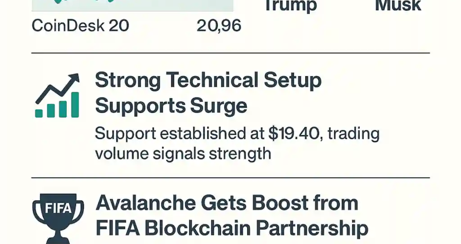 Infographic showing AVAX price rise, FIFA blockchain partnership, VanEck $100M fund, and real-world asset momentum.