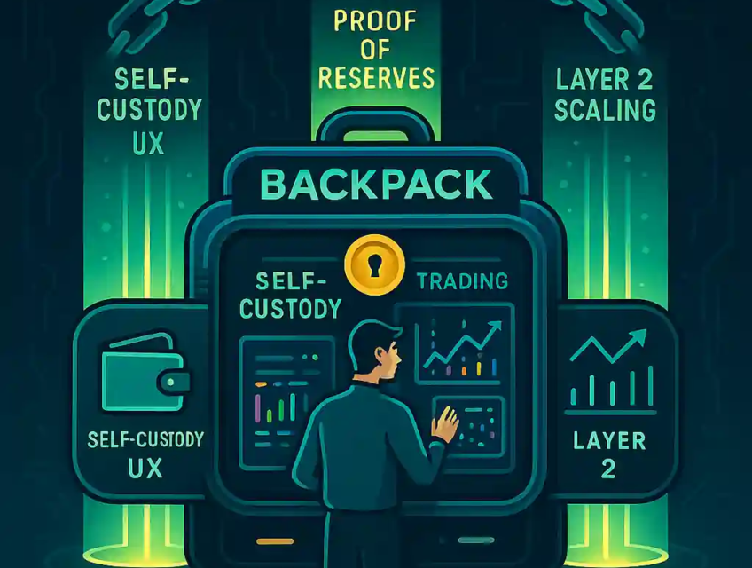 Illustration futuriste montrant Backpack comme un terminal crypto tout-en-un avec wallet self-custody, interface de trading et piliers “Proof of Reserves” et “Layer 2 Scaling”.