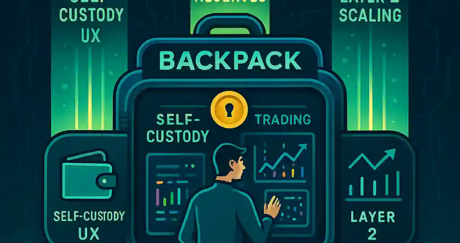 Illustration futuriste montrant Backpack comme un terminal crypto tout-en-un avec wallet self-custody, interface de trading et piliers “Proof of Reserves” et “Layer 2 Scaling”.
