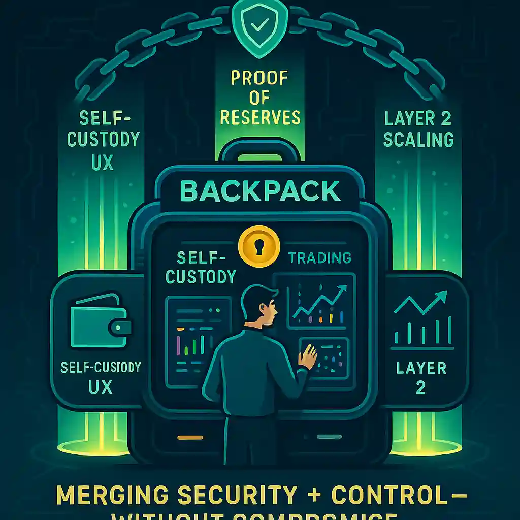 Illustration futuriste montrant Backpack comme un terminal crypto tout-en-un avec wallet self-custody, interface de trading et piliers “Proof of Reserves” et “Layer 2 Scaling”.