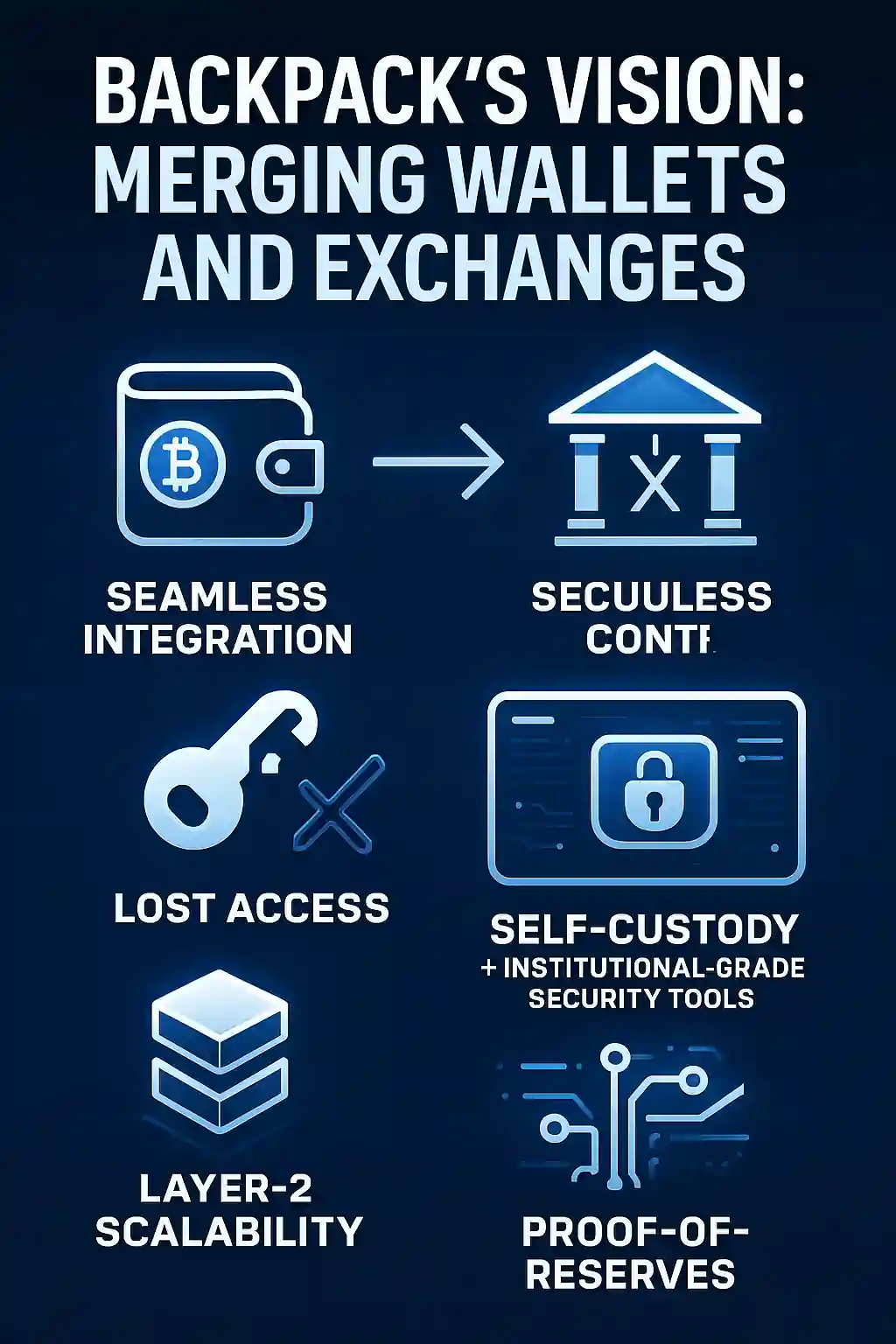 Infographic visualizing Backpack’s unified crypto wallet-exchange model with key features like lost access recovery, proof-of-reserves, and Layer-2 scalability.