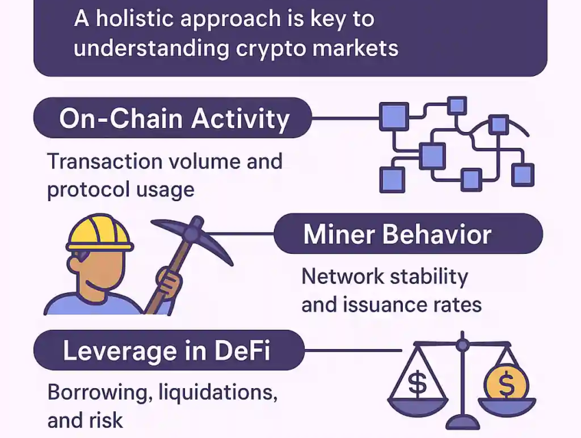Infographic outlining key crypto investing metrics: on-chain activity, miner behavior, DeFi leverage, order-book depth, and social media sentiment.