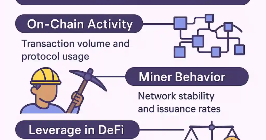 Infographic outlining key crypto investing metrics: on-chain activity, miner behavior, DeFi leverage, order-book depth, and social media sentiment.