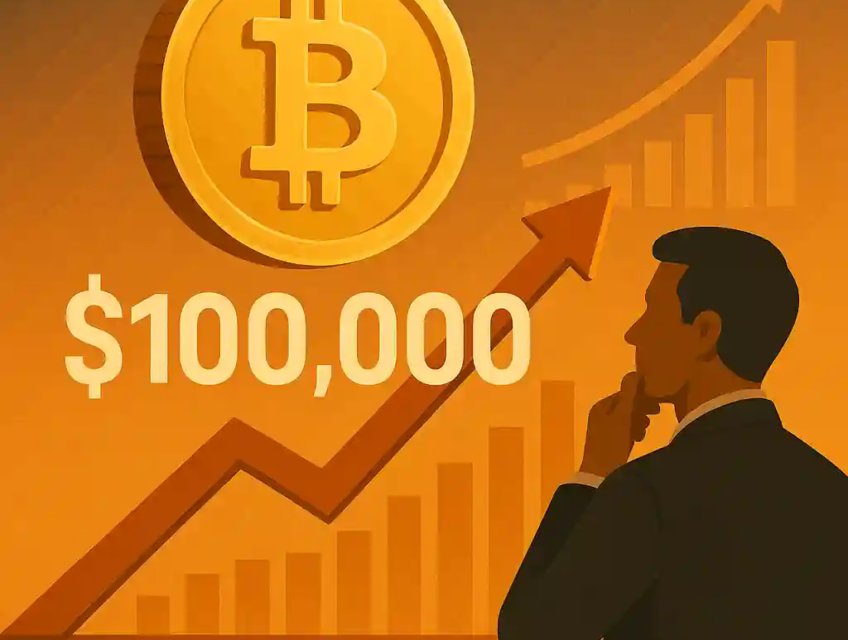 Illustration d’un Bitcoin doré dépassant les 100 000 $, avec un graphique haussier et un homme en réflexion.