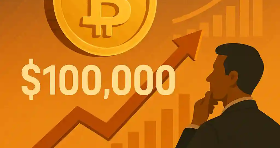 Illustration d’un Bitcoin doré dépassant les 100 000 $, avec un graphique haussier et un homme en réflexion.