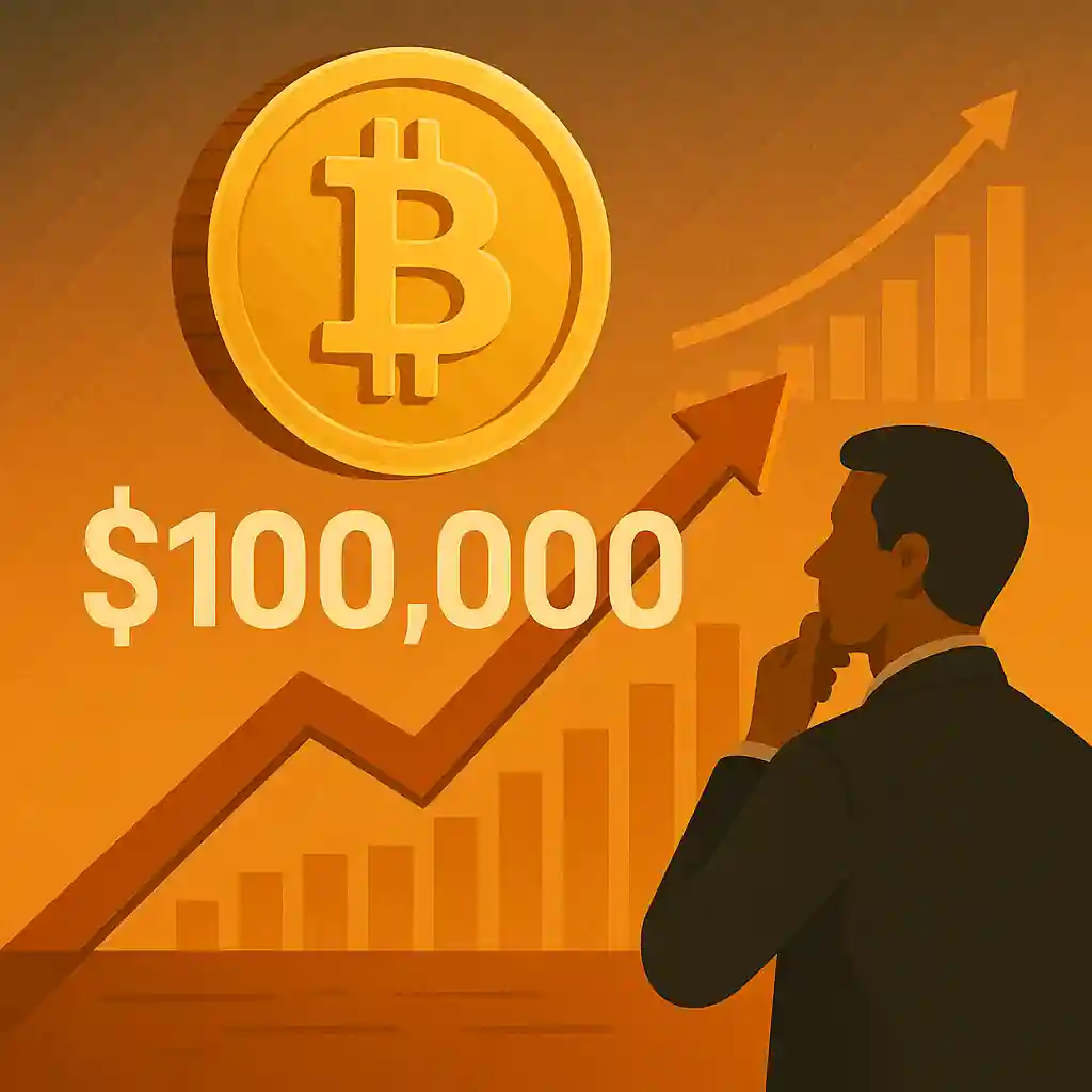 Illustration d’un Bitcoin doré dépassant les 100 000 $, avec un graphique haussier et un homme en réflexion.